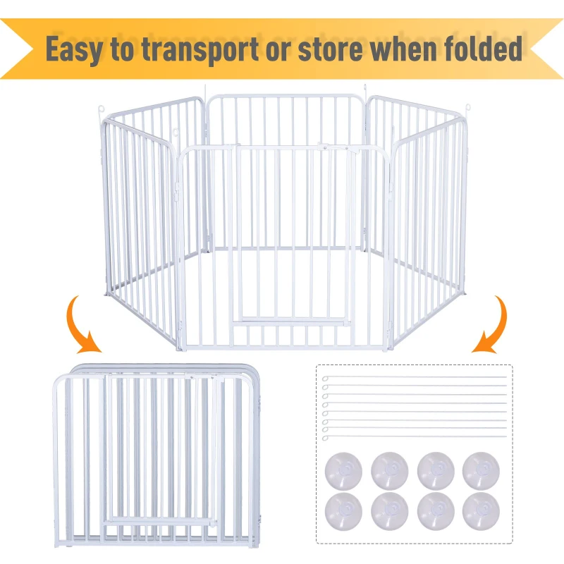 PawHut 31.5"H 6-panel Foldable Metal Pet Playpen Portable Dog Puppy Fence Heavy duty Pet Exercise Pen with Door White