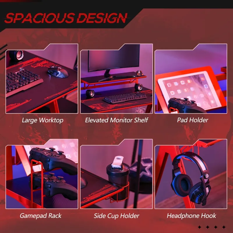 HOMCOM 53" Gaming Desk, Racing Computer Desk with Monitor Shelf, Gamepad Rack, Cup Holder, Headphone Hook, and Cable Basket, Red