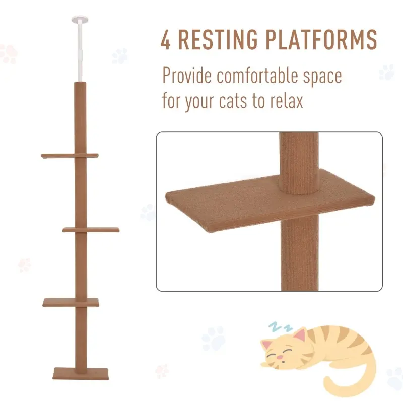 PawHut Floor-to-Ceiling Cat Tree Cat Climbing Tower with Sisal-Covered Scratching Posts Natural Cat Tree Activity Center for Kittens Cat Tower Furniture, Brown