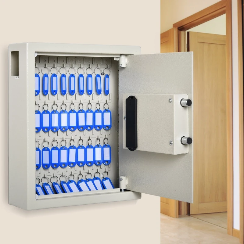 HOMCOM 40 Key Steel Wall-Mounted Lockable Key Safe Lock Box Cabinet with Key Tags & Programmable Pin Security - White
