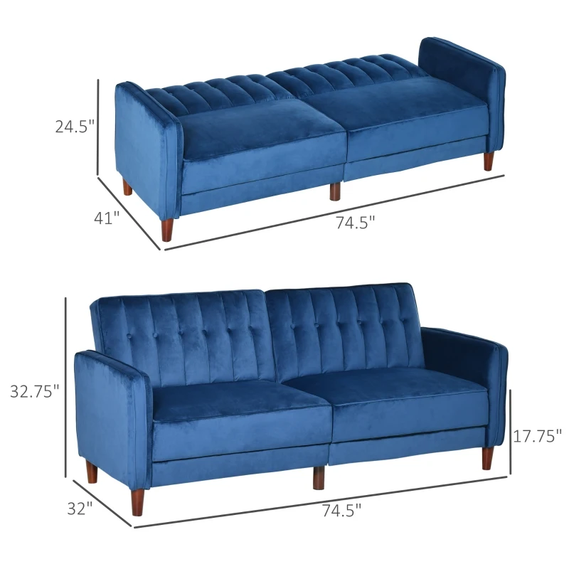HOMCOM Convertible Sofa Sleeper Futon with Split Back Design Recline, Thick Padded Velvet-Touch Cushion Seating and Wood Legs, Blue