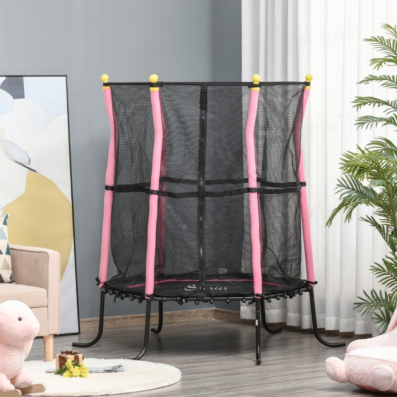 Soozier Qaba 61 Inch Kids Trampoline Mini Indoor/Outdoor Bouncer Jumper with Enclosure Net Elastic Safety Harness Safety Pad Gift for Child Toddler Age 3-6 Years Old Pink