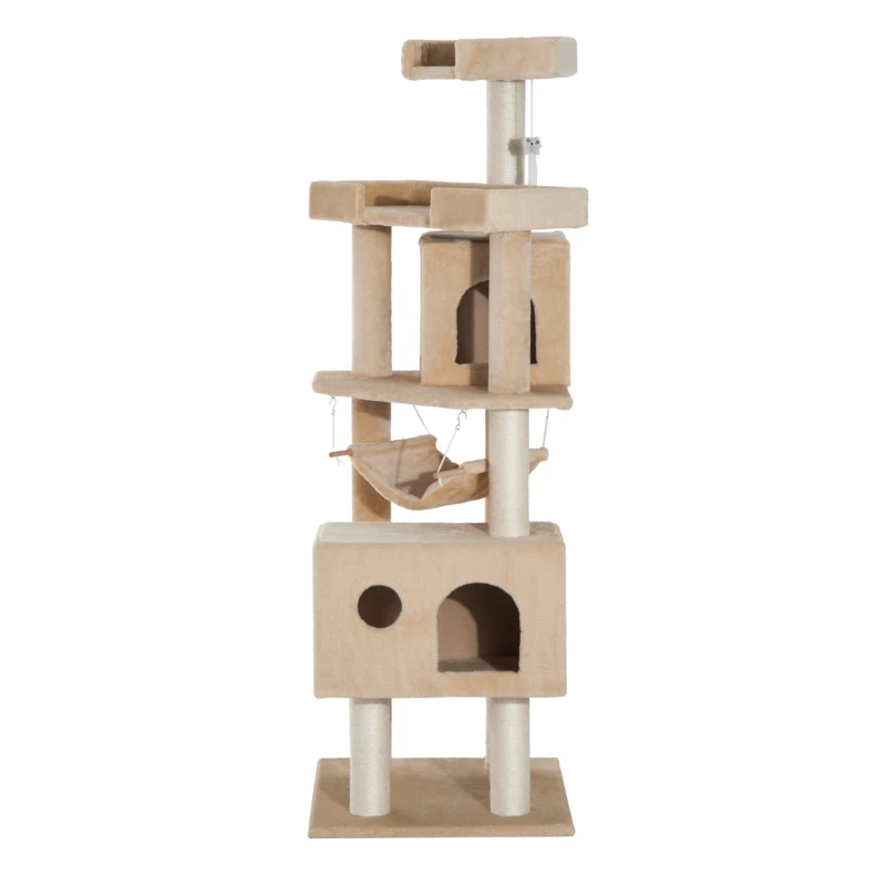 Pawhut 65.2 Inch Cat Tree Scratching Post Pet Furniture with Condo, Hammock, Toy - Beige