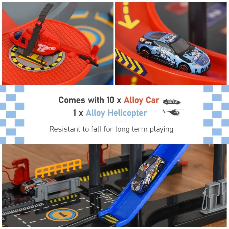 Qaba 7-Level Car Parking Garage Toy Race Tracks Car Ramp Set Toddler Car Games w/ Cars & Helicopter Elevator Gas Station Car Repair Station for 3-6 Years Old