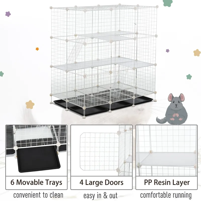 PawHut Small Animal Playpen C&C Cage Wire Bunny Pen for Kitten, Chinchillas, with Doors, Ramps and Trays, White