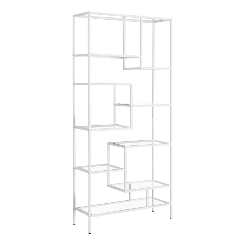 Monarch 72" Contemporary Open Concept Multi-Tier Bookshelf - Tempered Glass / White Metal