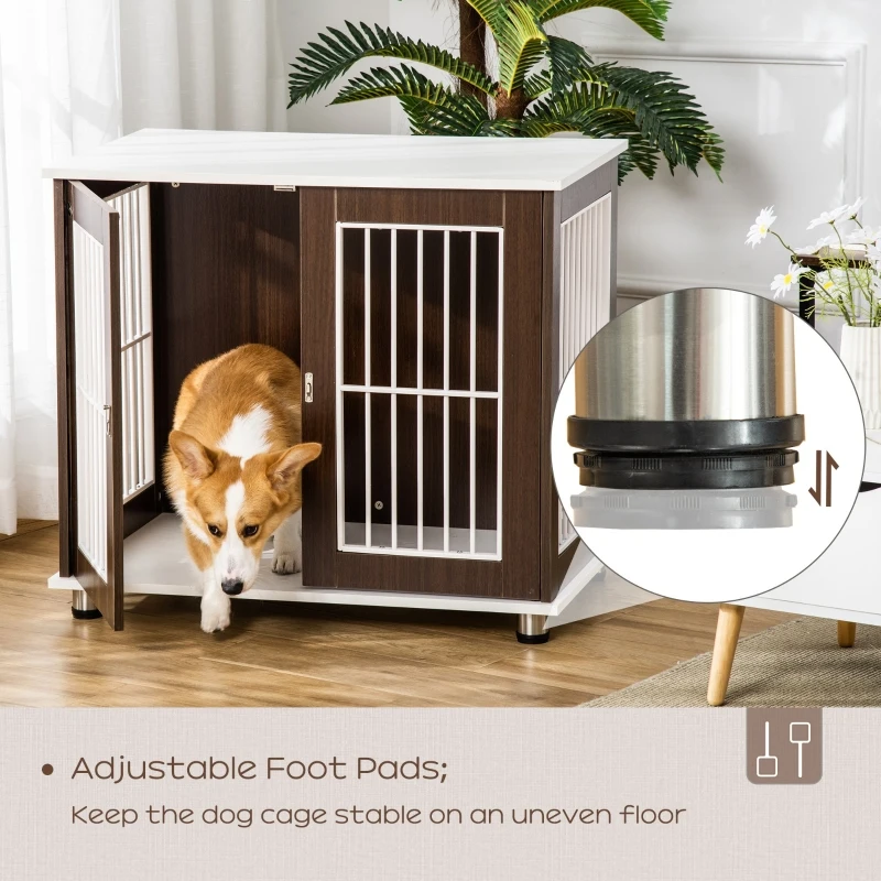 PawHut 34'' Wooden Dog Cage, Modern Wire Dog Crate, Pet Kennel with Door, Lock, Adjustable Foot Pads, for Small and Medium Dogs, Coffee and White