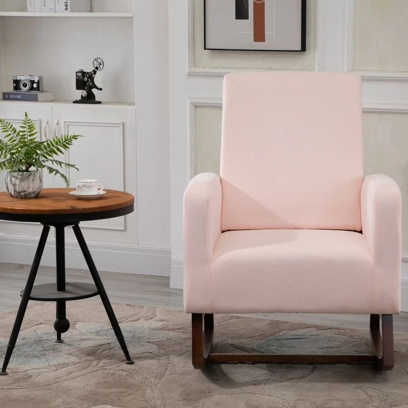 HOMCOM Accent Lounge Rocking Chair with Solid Curved Wood Base and Linen Padded Seat, Pink
