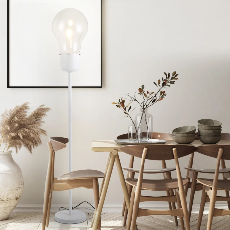 HOMCOM Industrial Tall Pole Floor Lamp with Metal Base, Modern Standing Lamp, Bulb-Shaped Glass Shade, On/Off Foot Switch, E26 Bulb Base for Bedroom, Living Room, White