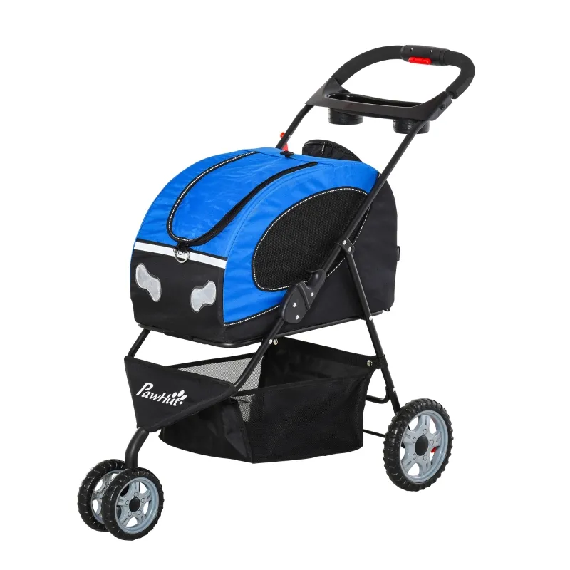 PawHut Pet Stroller Foldable Dog Cat Travel Carriage 5 In 1 Design Carrying Shoulder Bag Backpack Stroller Luggage with Universal Wheel Canopy Basket Cup Holder Blue