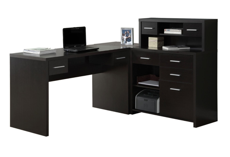 Monarch Contemporary Hollow-Core L-Shaped Office Desk with Storage Shelves and Drawers - Cappuccino