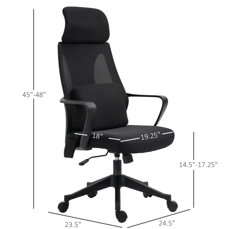 Vinsetto Ergonomic Home Office Mesh Desk Chairs, Computer Task Chair with Massage Lumbar Cushion, Adjustable Seat & Headrest, Rocking Function, Black