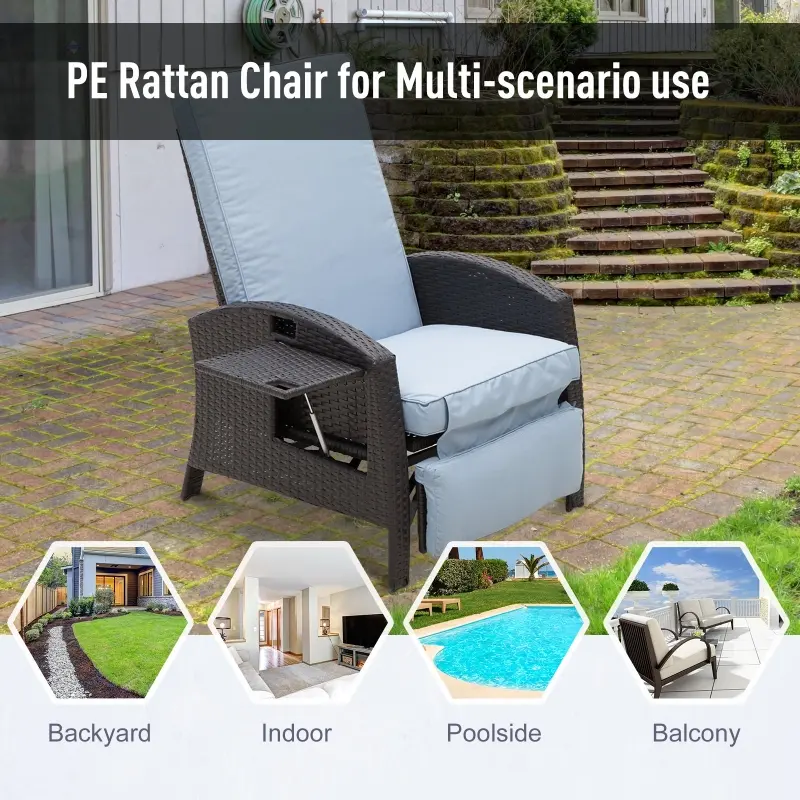 Outsunny Patio Recliner, Outdoor Reclining Chair with Flip-Up Side Table, All-Weather Wicker Metal Frame Chaise with Footrest, Cushions, Coffee, Blue