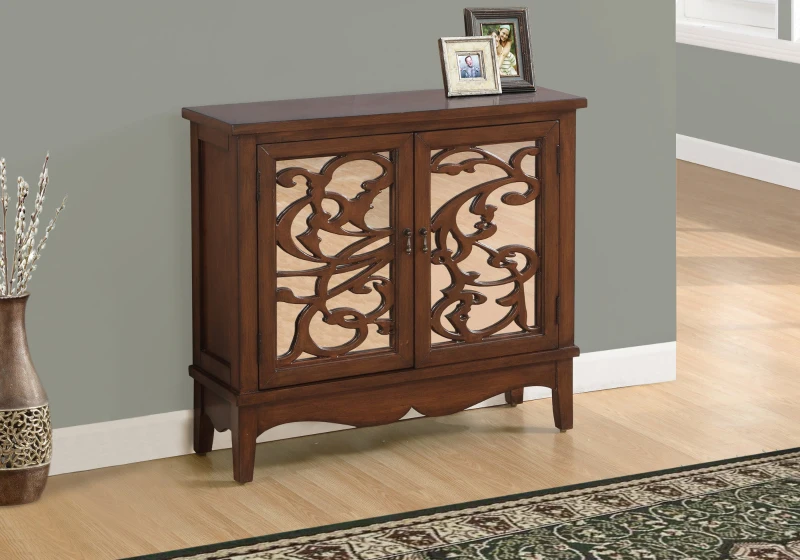Monarch Traditional Style Birch Wood Mirrored Decorative Accent Chest Storage Table - Dark Walnut / Floral Design