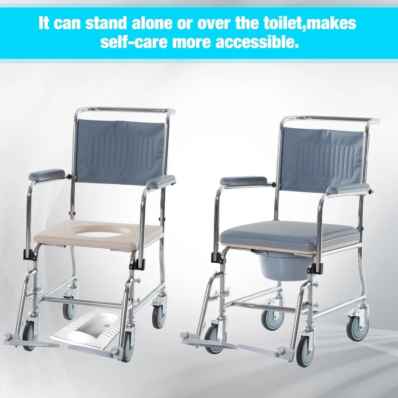 HOMCOM Shower Rolling Chair Personal Mobility Assist Bedside Commode Toilet Chair with Detachable Bucket Armrest Wheelchair Design Armchair for Elder Disabled Pregnant, Grey