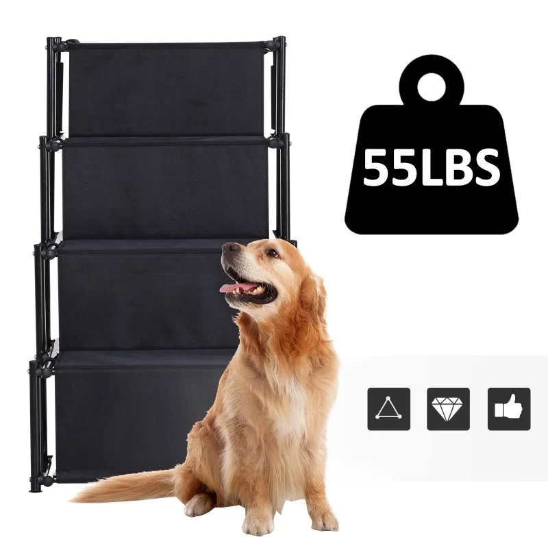 PawHut 4 Step Foldable Portable Pet Stairs Ramp Compact and Lightweight Nonslip Oxford Waterproof, includes safety tether for Indoor Outdoor Use, Black