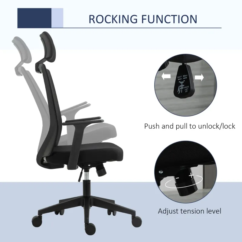 Vinsetto High Back Office Chair Swivel Task Chair with Lumbar Back Support, Breathable Mesh, and Adjustable Height, Headrest, Black