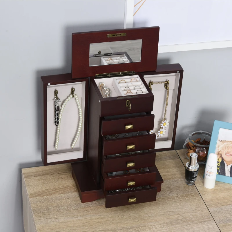 HOMCOM Tabletop Jewelry Case Beauty Organizer with Mirror, 6 Slot Shelves for Necklaces and Earrings, Lockable - Walnut