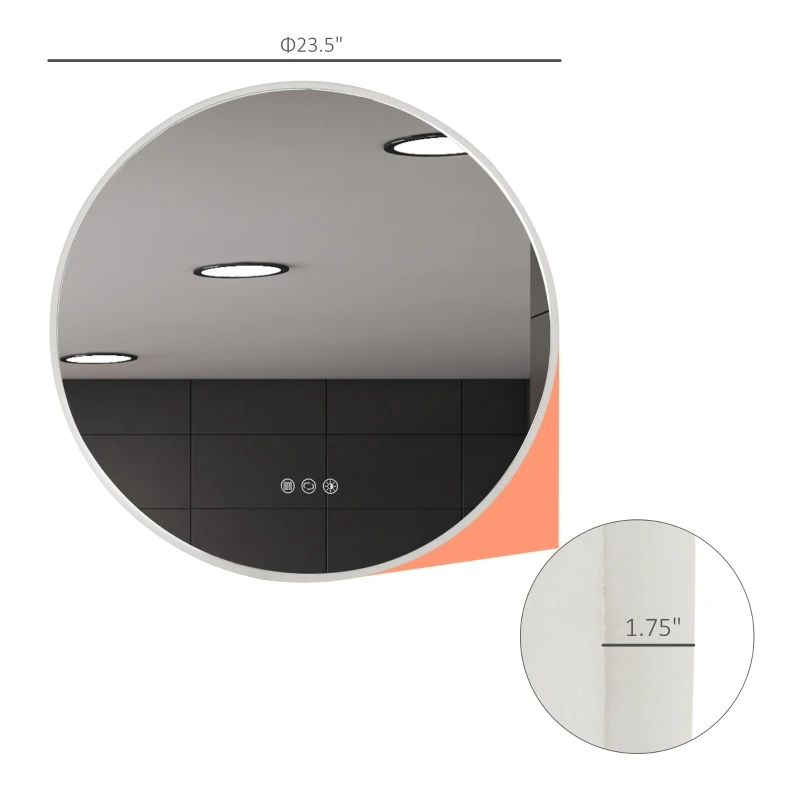 kleankin 24"x24" Round LED Bathroom Mirror with Defogging Function, Touch Switch, and 3 Color White Temperatures