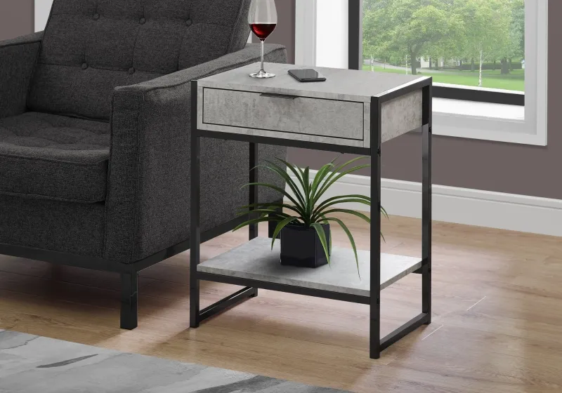Monarch 24" Contemporary End Table Night Stand with Large Storage Drawer and Open Bottom Shelf - Grey Cement-Look / Black Nickel Frame