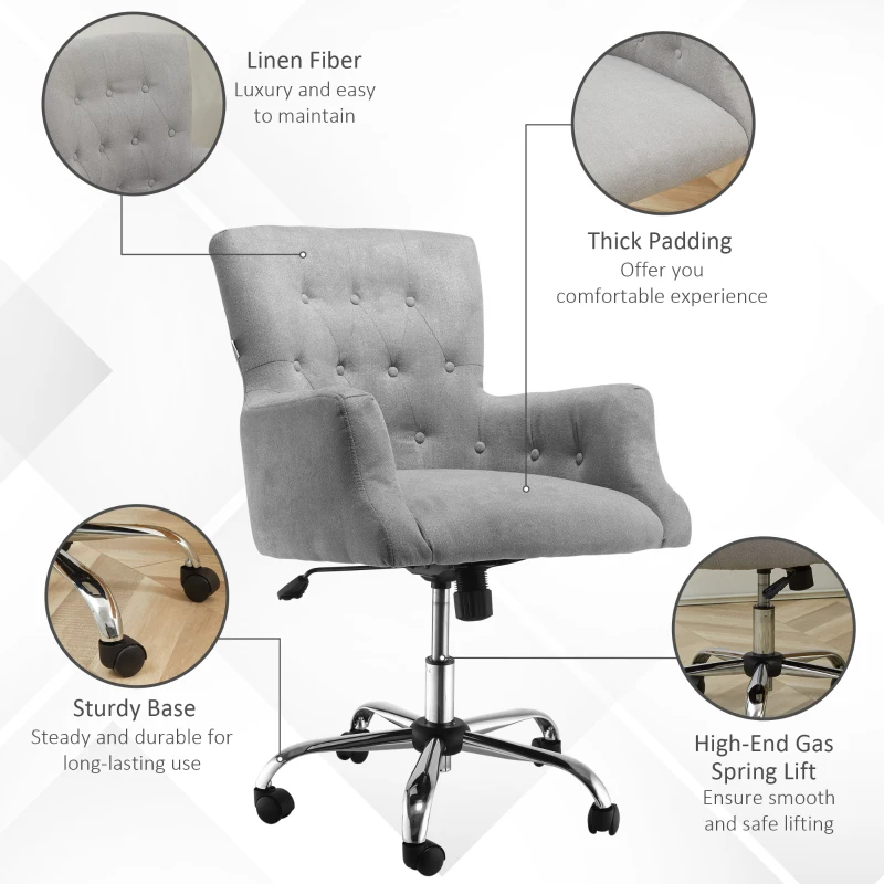 HOMCOM Mid Back Task Chair, Modern Home Office Chair with Tufted Button Design and Padded Armrests, Swivel Computer Desk Chair for Study Living Room Bedroom, Gray