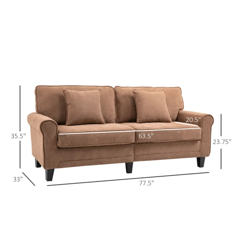 HOMCOM Modern 3-Seater Sofa 78" Thick Padded Comfy Couch with 2 Pillows, Corduroy Fabric Upholstery, Pine Wood Legs and Rounded Arms for Living Room, Brown
