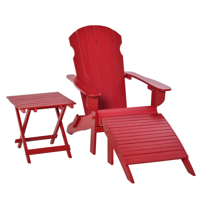 Outsunny 3-Piece Wooden Adirondack Chair Set with Comfort Ottoman & Handy Side Table with Easy Folding Design, Red