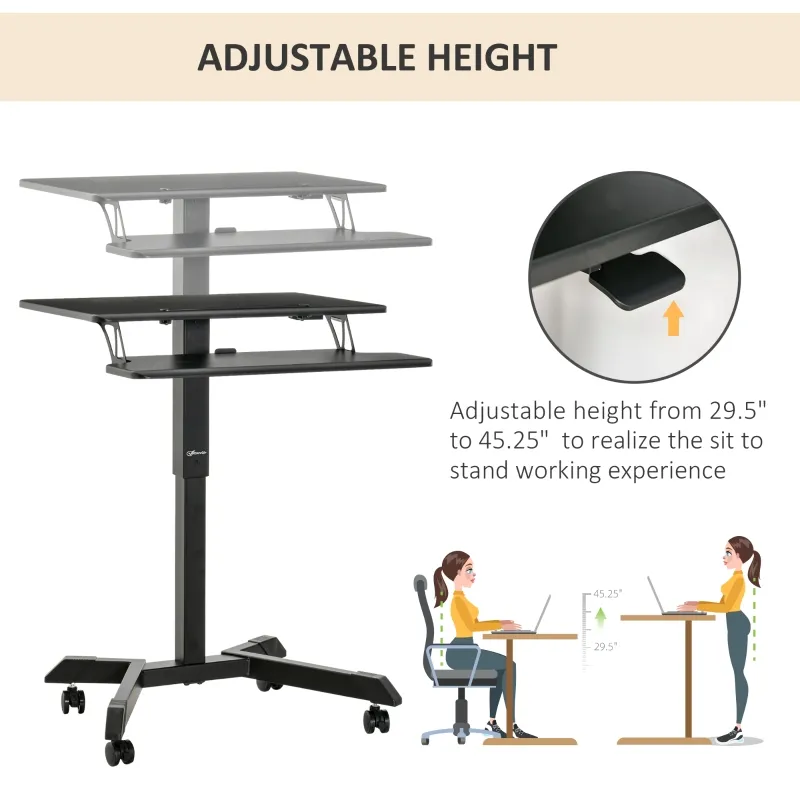 Vinsetto Height Adjustable Standing Desk Sit Stand Desk 2 Tier  Rolling Table Home Office Workstation with Keyboard Tray Lockable Casters iPad Groove  Black