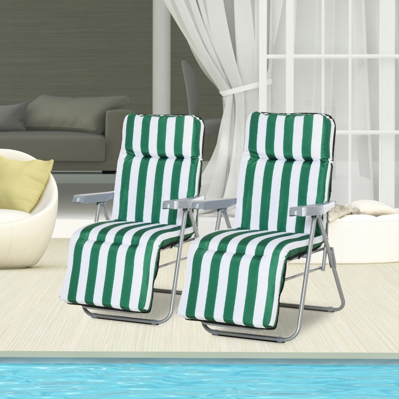 Outsunny Set of 2 Garden Sun Lounger Outdoor Reclining Seat Cushioned Seat Foldable Adjustable Recliner White and Green