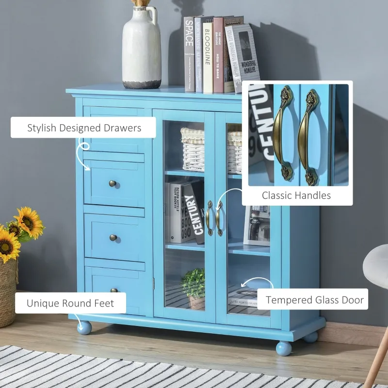 HOMCOM Storage Sideboard Cabinet with 4 Drawers and Glass Door Cupboard, Console Table for Living Room, Kitchen