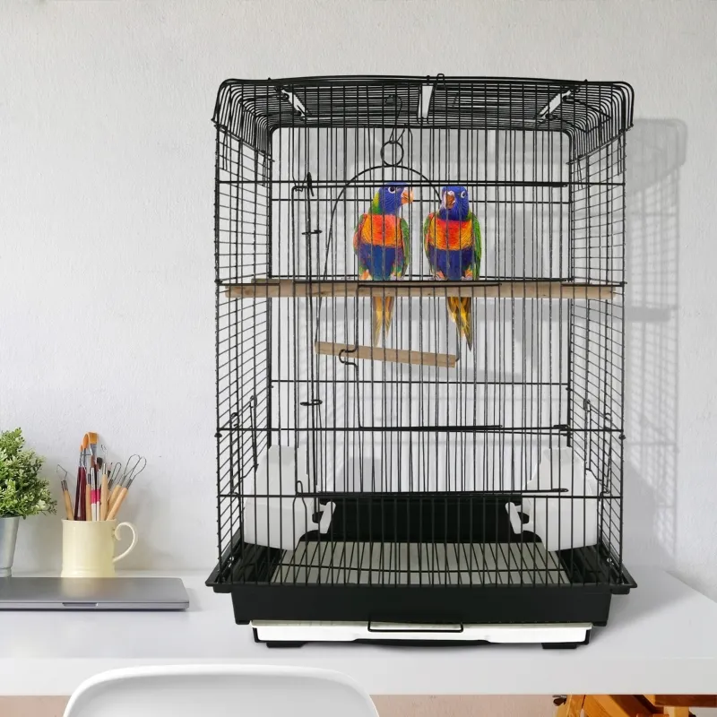 PawHut 28"H Steel Bird Cage with Open Play Top, Perch, Feeding Bowl for Parrot Lovebirds Parakeets Cockatiels - Black