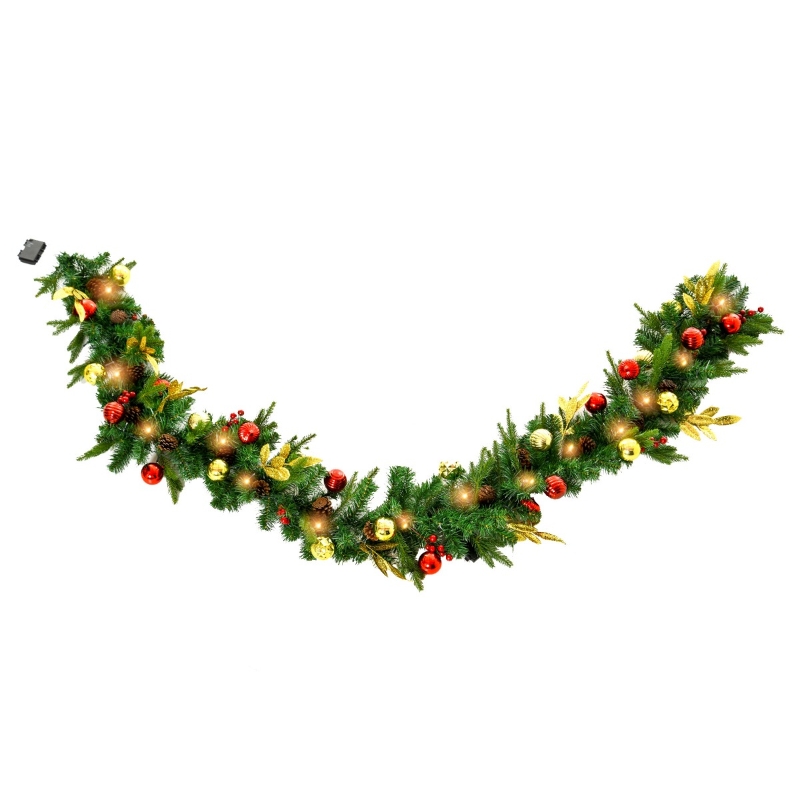 HOMCOM 9FT Pre-Lit Christmas Garland Decoration Artificial Greenery w/ Pine Cone Ball