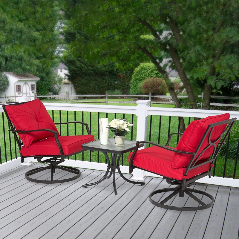 Outsunny 3PCs Outdoor Metal Coffee Table 360° Swivel Rocking Chair Garden Red
