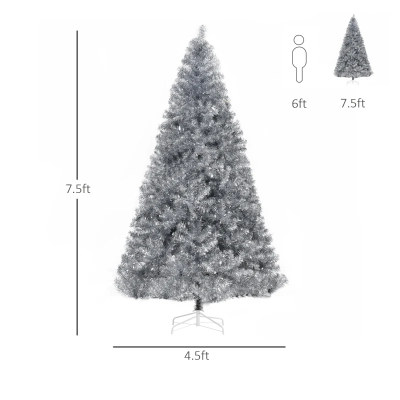 HOMCOM 7.5ft Unlit Full Pine Artificial Christmas Tree with Realistic Branches, Fake Holiday Tree with 1477 Tips, Silver