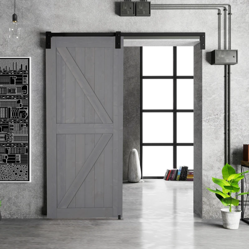 HOMCOM 7' H x 3' W Sturdy Sliding Barn Door, Unfinished Solid Spruce Wood Frame with Pre-Drilled Holes, Grey