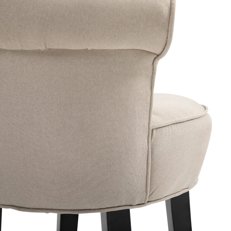HOMCOM Upholstered Linen Vanity Stool with Curved Thick Padded Backrest, Rubberwood Legs, and Footpads, Beige