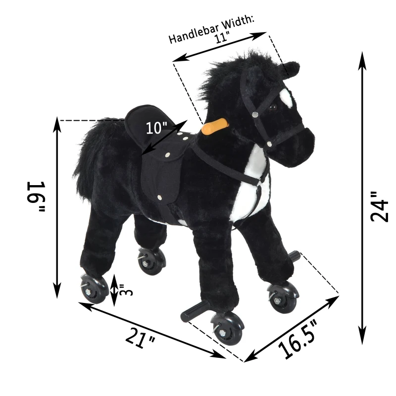Qaba Kids Interactive Plush Mechanical Walking Ride On Horse Toy with Wheels - Black