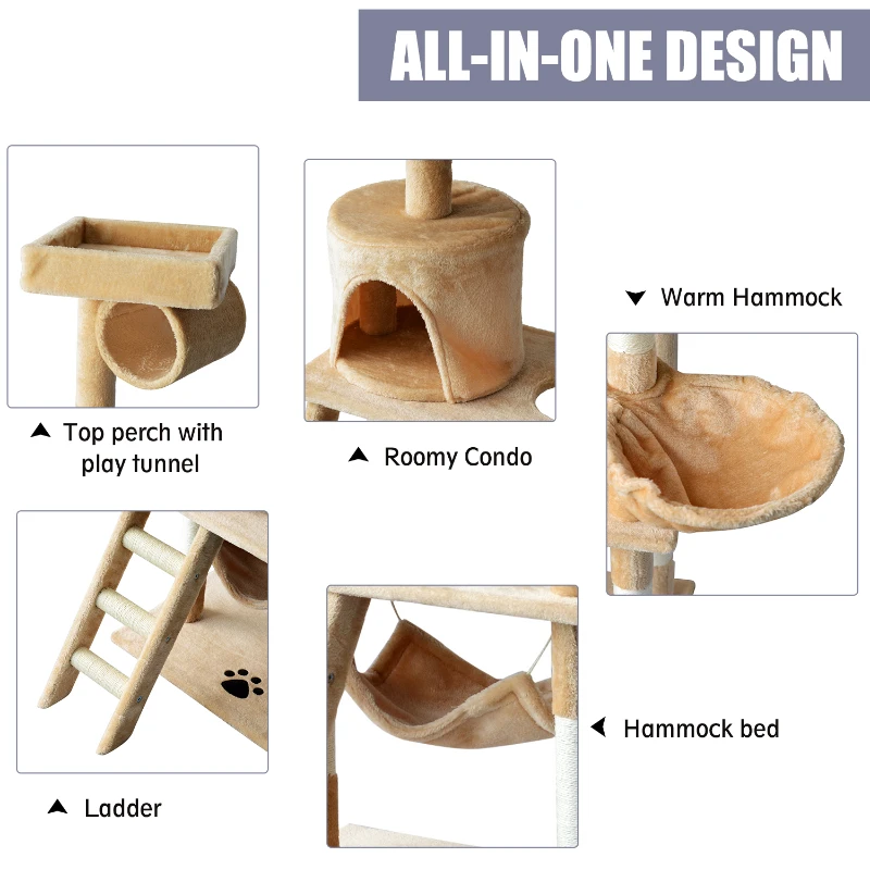PawHut 55-inch Deluxe Cat Scratching Tree Kitten Condo Play House Kitty Scratcher Multi-level Tower Pet Furniture Beige