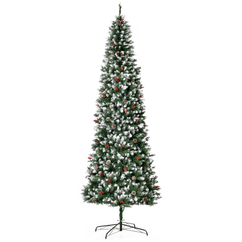 HOMCOM 9ft Pre-Lit Snow-Flocked Artificial Christmas Tree with Realistic Branches, 460 LED Lights, Pine Cones, Red Berries and 1298 Tips