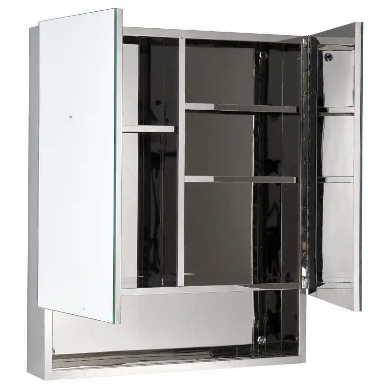 kleankin Bathroom Mirrored Cabinet, 28" x 24" Stainless Steel Frame Medicine Cabinet, Wall-Mounted Storage Organizer with Double Doors and Open Shelf, Silver