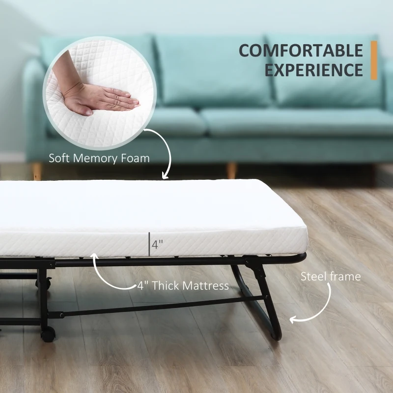 HOMCOM Rollaway Bed, Folding Bed with 4" Mattress, Portable Foldable Guest Bed with Memory Foam, Steel Frame and Wheels, White