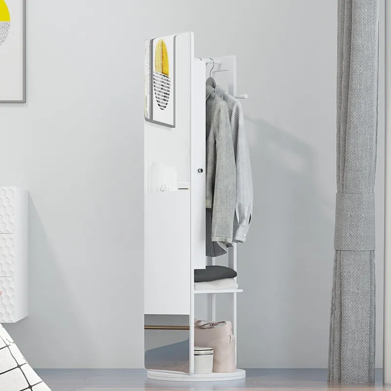 HOMCOM Full Length Glass Mirror with Hidden Jewelry Cabinet and Pine Wood Clothing Rack, White