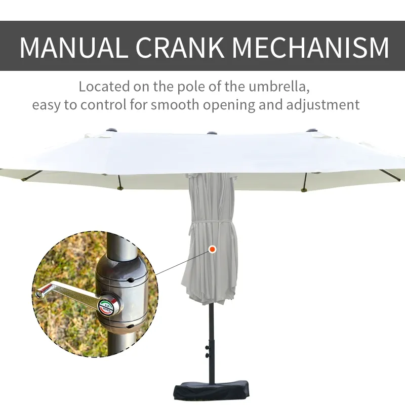 Outsunny Patio Umbrella 15' Steel Rectangular Outdoor Double Sided Market with base, UV Sun Protection & Easy Crank for Deck Pool Patio, Beige