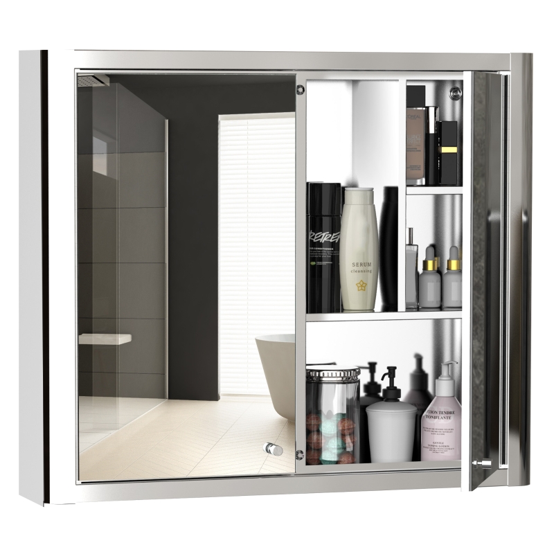 Kleankin 28" x 24" Bathroom Mirror Cabinet Wall Mounted Medicine Cabinet with Swinging Door Shelves Stainless Steel - Silver