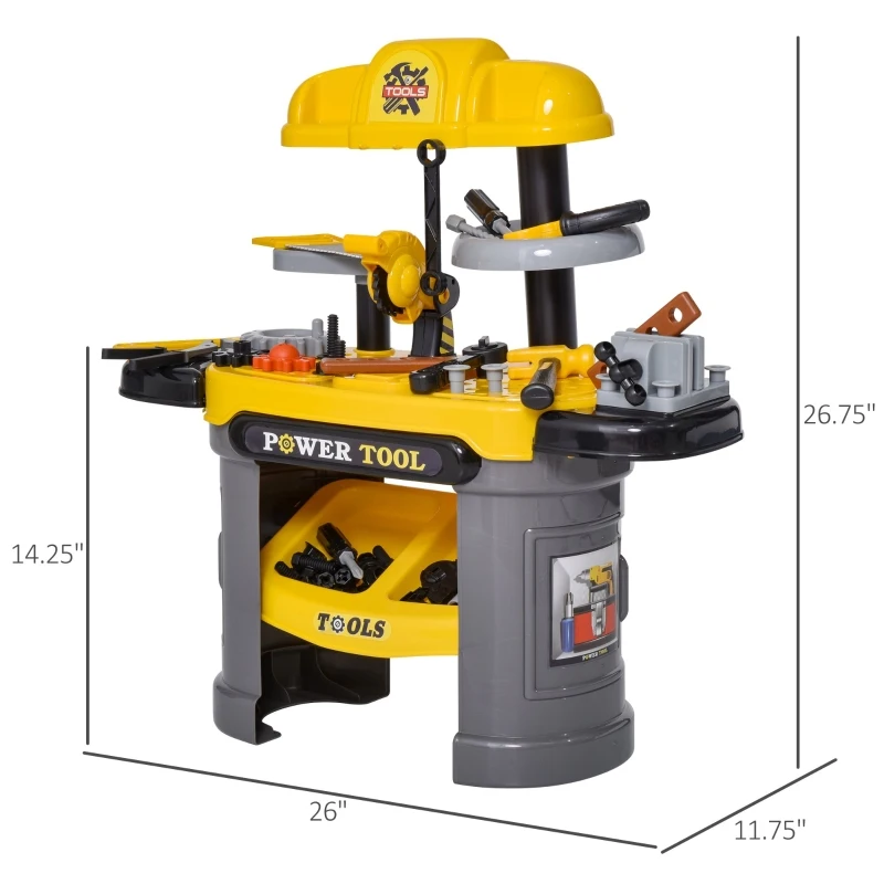 Qaba Play Toy Workbench for Kids 64 Pieces Tools Plus Case Storage Shelf  Construction Tool Accessories Playset Construction Pretend Play Toy Kit Yellow Grey