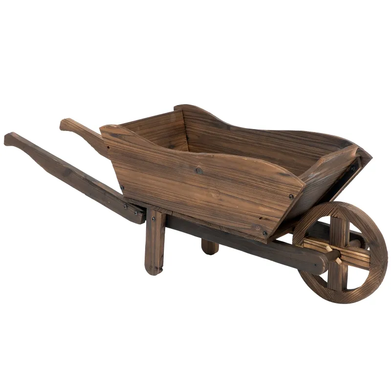 Outsunny Wooden Wheelbarrow Raised Flower Planter Box with Large Wheel for Easy Mobility & Elevated Design for Gardening