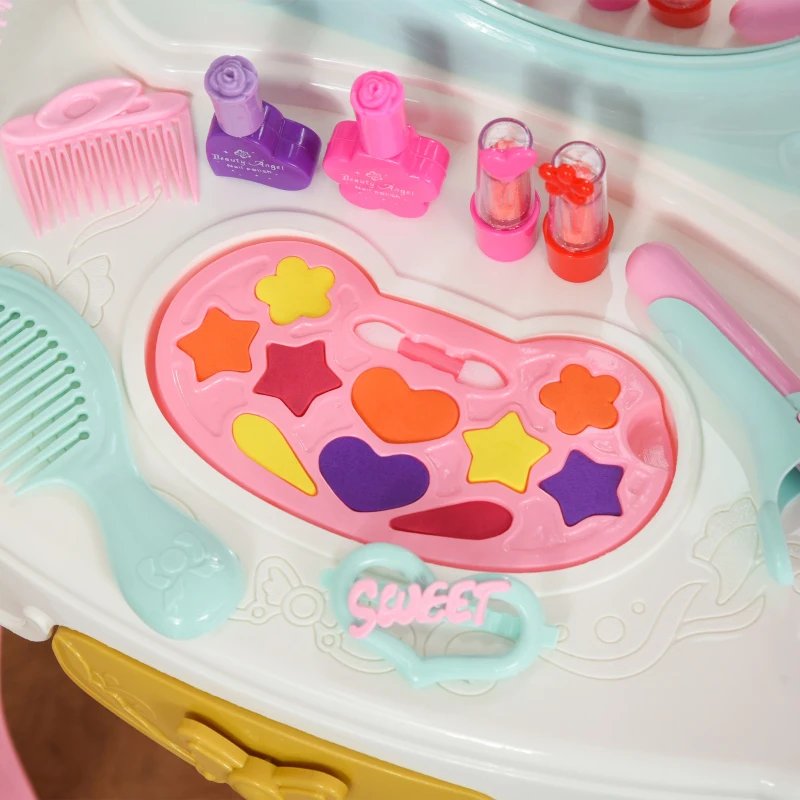 Qaba Kids Vanity Makeup Table Set with Chair and 20-Piece Collection, Princess Vanity Table and Stool with Mirror Lights, Imaginative Toy for 3-4 Years Old