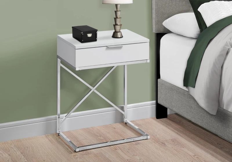 Monarch 24" Contemporary End Table Night Stand with Large Storage Drawer and Metal X-Design Frame - Glossy White / Chrome Base