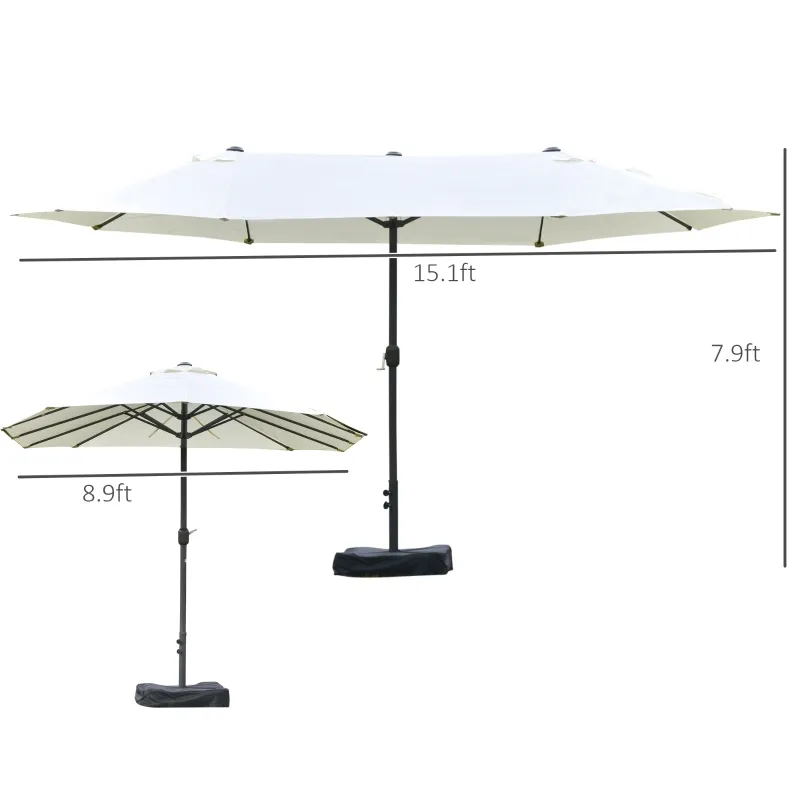 Outsunny Patio Umbrella 15' Steel Rectangular Outdoor Double Sided Market with base, UV Sun Protection & Easy Crank for Deck Pool Patio, Beige
