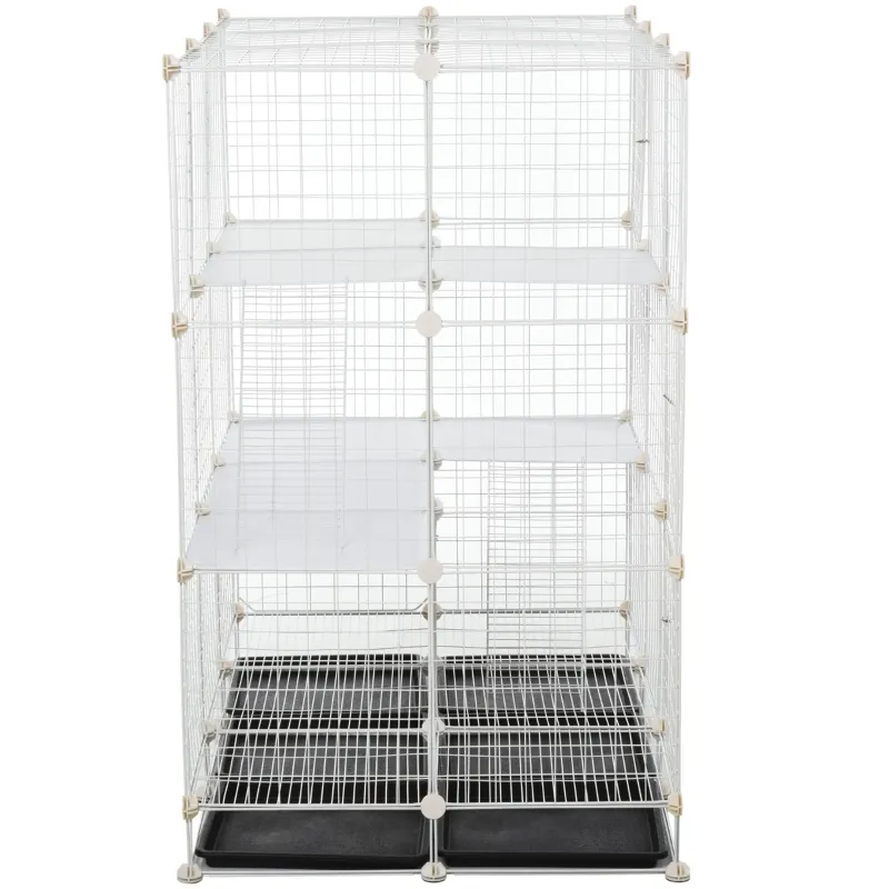 PawHut Small Animal Playpen C&C Cage Wire Bunny Pen for Kitten, Chinchillas, with Doors, Ramps and Trays, White